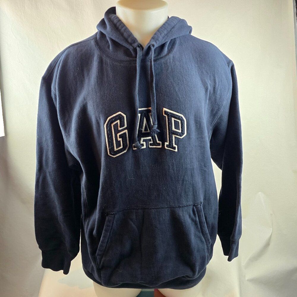 GAP Hoodie Mens Medium Navy Pullover Graphic Logo Fleece Casual Sweatshirt